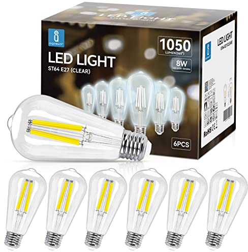 Aigostar E27 Filament LED Lampe 8 W (Ersetzt 69W),Kaltweiß 6500K,950 Lumen,ST64 Leuchtmittel,Nicht dimmbar,6 Stück