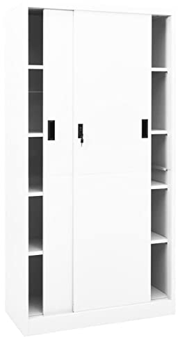 Gecheer Büroschrank mit Schiebetür Aktenschrank Metallschrank Stahlschrank Lagerschrank Aufbewahrungsschrank Büromöbel Weiß 90x40x180 cm Stahl