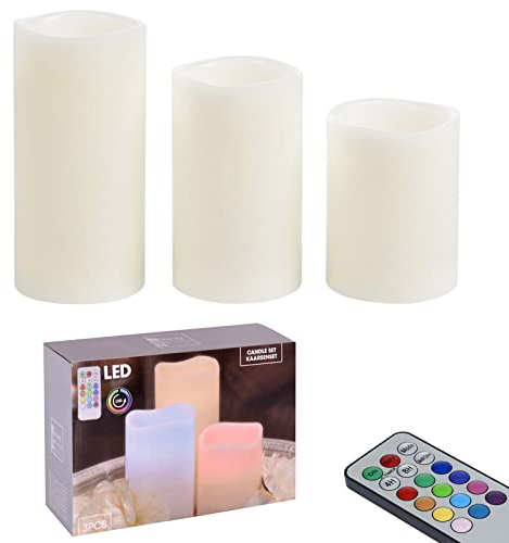 HAC24 3tlg. LED Kerzen Set Inkl. Fernbedienung Echtwachs Kerze Ø 7,5 cm Kerzenset Echtwachskerzen mit Farbwechsel Timerfunktion Flammenloses Kerzenlicht