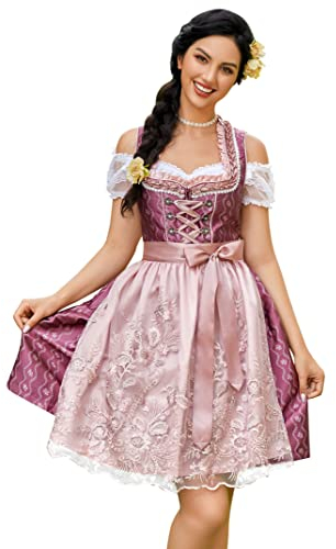 Clearlove Dirndl Damen midi 3tlg.Trachtenkleid für Oktoberfest ,Karneval,DREI Teilig: Kleid, Bluse, Schürze(Verpackung MEHRWEG),Rot-spitze,36