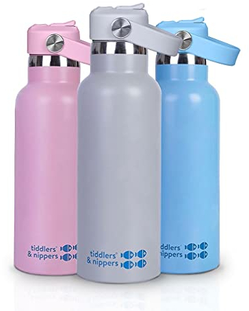 tiddlers & nippers Stainless Steel Vacuum Insulated Double Wall Kids Reusable Water Bottle with Leak Proof Straw 500ml | Keeps Cool for 24hrs & Warm for 10hrs + (Grey)