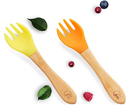 Kleiner Fuchs 2tlg. Kindergabel Set - Kinderbesteck ab 1 Jahr aus Bambus mit schonendem Silikon-Aufsatz - Kinderbesteck Set, Kinder Besteck, Gabelset (Orange/Gelb)