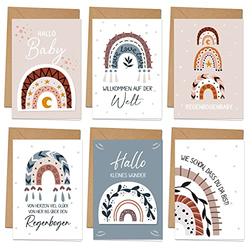 BIROYAL 6 Glückwunschkarten zur Geburt Baby | Set 6 Klappkarten mit Umschlägen | Karte Geburt Junge und Mädchen | Babykarten | Grußkarte Welcome Baby Regenbogen