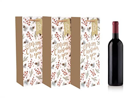 Pack Of 3 Recyclable Christmas Bottle Bags Red Berry Traditional Design Wine Bottle Bags