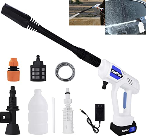 Cordless Power Washer Gun 21V Electric Portable Pressure Cleaner Battery & Charger for Home Travel Garden Yard with 5M/25CM Hose Portable Jet Wash White