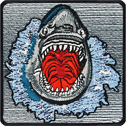 Der weiße Hai Aufnäher Haifisch Aufbügler Jaws Sticker Klimaschutz Zeichen Save the Shark Abzeichen gesticktes Kunstwerk Emblem zum annähen/aufbügeln | 75x75mm