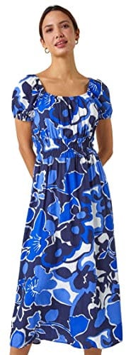 Roman Originals Floral Print Puff Sleeve Midi Dress for Women UK - Ladies Everyday Holiday Spring Summer Sqare Neckline Comfy Soft Evening Vacation Work Party - Royal Blue - Size 10