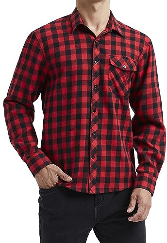 HISDERN Flanellhemd Herren Kariert Langarmhemden Regular Fit Button Down Baumwolle Warm Casual Herrenhemd Oktoberfest Red L