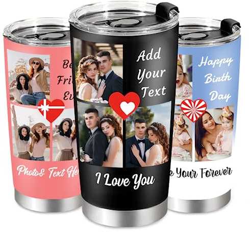 UNIQUILLING Personalised Travel Mug with Picture &Text-Personalised Coffee Travel Mug with Photo 20Oz-Gifts for Dad Fathers Day Mom Thanksgiving (3 Photo)