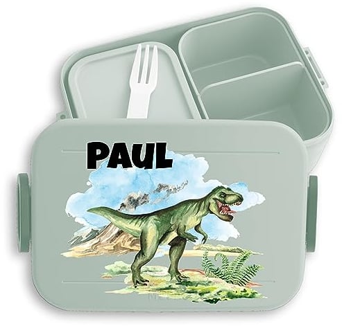 Kinder Bento Box Midi Lunchbox für Mepal Bentobox - Brotdose Dino Vesperbox Dinosaurier Jausenbox Dinos I Dinosaurus I Saurier - 900 ml - Sage Grün - personalisierte brotdosen