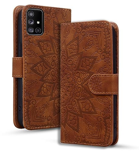 Rosbtib Coque pour Samsung Galaxy A51 4G Premium PU Cuir Housse avec Fermeture Magnétique Stand Fonction Flip Cover Mandala Gaufrage Samsung Galaxy A51 4G - Marron
