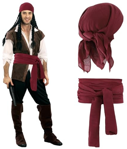 DAMILY Piratenkostüm für Männer und Frauen Piraten Kopftuch Hut Zubehör Piraten Schärpe Gürtel Bandana Taillengürtel (Weinrot)