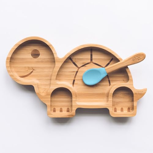Moon and Moo Tortoise Bamboo Suction Plate for Kids, Toddlers and Baby Weaning - Non-Toxic – Plastic Free - Stay Put - Baby Suction Plate - Baby Weaning Set (Blue)