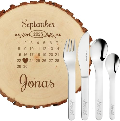 Sterngraf Kinder-Set 5tlg, Baumscheibe 23cm mit Gravur (Name/Datum) + personalisiertes Kinderbesteck, Geschenk-Idee zur Geburt Taufe Geburtstag, Motiv H8 Kalender