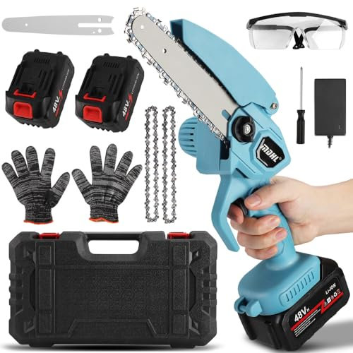 Mini Chainsaw Cordless 6 inch, Electric Chainsaw with 2 * 6000mAh Battery & 2* Chains, Handheld Portable Electric Chain Saws for Gardening Tree Pruning Wood Cutting, UK Plug (Blue)