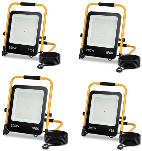Yakimz LED trabajo foco de construcción 200W, 4X foco de obra incl. soporte plegable, lámpara de construcción 18000LM 6000K blanco frío IP66 impermeable para interior exterior (con enchufe y cable)