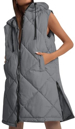 Imily Bela Chaleco acolchado para mujer, chaleco con capucha, ligero, sin mangas, chaqueta de entretiempo, chaleco de entretiempo, chaqueta de entretiempo, informal, chaleco largo