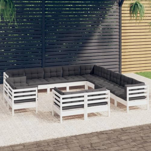 KTHLBRH Outdoor Lounge Garten möbel draußen Balkon Tisch und stühle 13-TLG. Garten-Lounge-Set mit Kissen Weiß Massivholz Kiefer