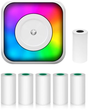 Jemora Mini Impresora Térmica Multifunción Portátil Creador de Pegatinas con Luz RGB Foto Instantánea Impresión Sin Tinta Soporte Conexión BT para Smartphone con 1 Rollo de Papel Térmico 57mm + 5 Roll
