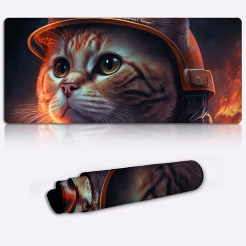 LJSPTU Tastatur, erweitertes großes Mauspad, Katze, Feuerwehrmann, PC Schreibtischunterlage (60 x 35 x 0,3 cm), erweitertes Gaming Mauspad, entworfen für FPS Spieler mit niedrigen DPI Anforderungen