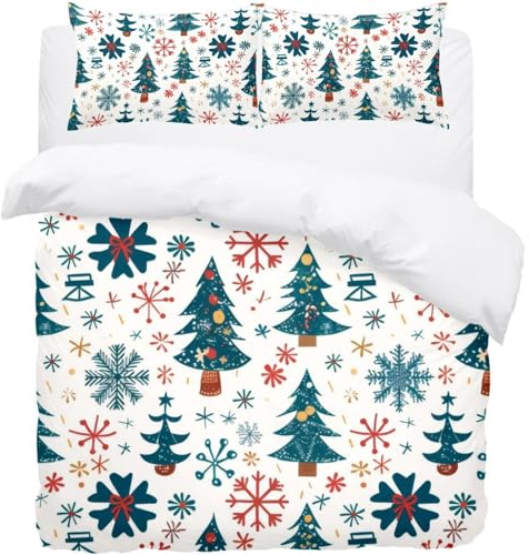 Luoweisi Bettbezug-Set mit Weihnachtsbäumen und Schneeflocken, Queen-Size-Bett, Bettbezug und Kissen, Mikrofaser, für Mädchen, Jungen, Herren, Damen
