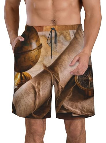 JTXSFYZPB Strandshorts für Herren, Badehose, Badeshorts, Boardshorts, modisch, lässig, bedruckt, Boardshorts für Sommer, Kompass und alte Karte, schnell trocknend, mit Taschen, weiß, 56