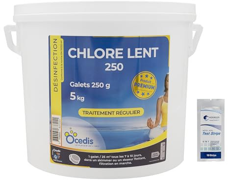 OCEDIS Chlore Lent 250 Galets 250g - 5kg | Chlore Lent Stabilisé - Non Comburant - Désinfection Régulière - Dissolution Lente + 10 Tests HPS OFFERTS 6 en 1