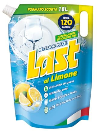 Last, Detersivo per Piatti a Mano al Limone, Neutralizza gli Odori, Azione Sgrassante - Formato Scorta, 1,8 Litri x 4 Confezioni