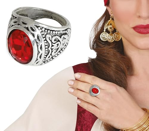 FIESTAS GUIRCA | Silberner Rubinring mit rotem Stein - Schmuck für Kostüm von Marquise, Zigeunerin und Wahrsagerin - Ideales Accessoire für Halloween und Kostümpartys - Für Erwachsene - Silber und Rot