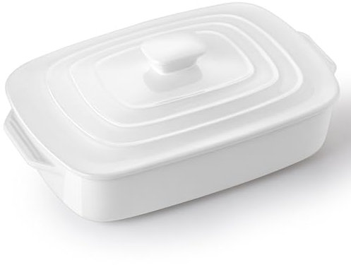 Large Ceramic Casserole Dish with Lid, 4.0 Quart Covered Rectangular Stoneware Baking Dishes for Oven, Deep 9x13 Inch Lasagna Pans for Baking and Serving, Perfect for Christmas Gifts, White