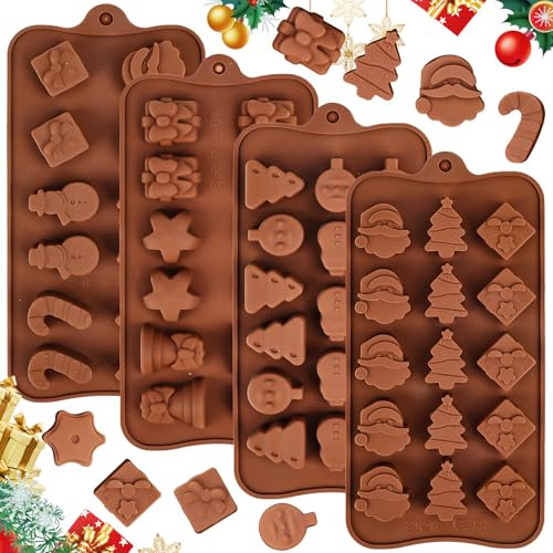 Weihnachten Schokoladenform 4 Stück, Pralinenform Silikon, BPA-Frei, 3D Antihaftbeschichtung, Gummibärchen Form für Backen