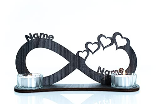 Waluna® Hochzeitsgechenk - Infinite Love - Liebesgeschenk Teelichthalter Unendlichkeitszeichen personalisiert mit Zwei Namen zum Jahrestag Hochzeit mit Kerzen in 12 Farben kerzenhalter