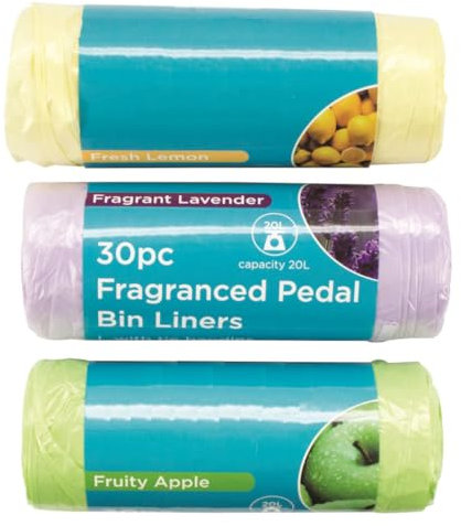 Pack of 90, Fragranced Pedal Bin Liners with Tie Handles, 30 Lemon, 30 Apple, 30 Lavender Rubbish Bags, 20L Capacity