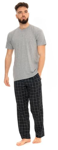 SIU31-0045/R-TAG Mens Flannel Fleece Short Sleeve Pajama Set Cotton Pants Plain T-Shirt Comfortable Cozy Adults Nightwear (Black-Grey, M)