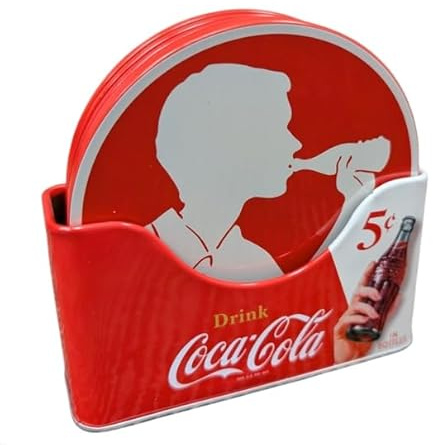 The Tin Box Company Coke 6 pc Coaster Set with Standing Metal Holder, Red