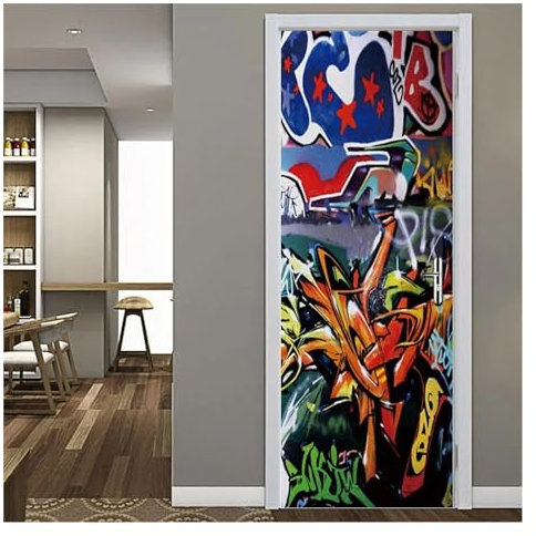 Türtapete Selbstklebend Farbe Graffiti Tür Aufkleber Hip Hop Hippie Kunst Selbstklebende Tapete Für Jugend Jungen Schlafzimmer Wandbild Türen Cover Poster(M,90x200cm)