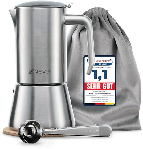 NEVO Caffettiera a induzione, in acciaio inox, 6 tazze, senza BPA e sostenibile, per tutti i piani cottura e campeggio, lavabile in lavastoviglie, set premium per moka – elegante per veri amanti del