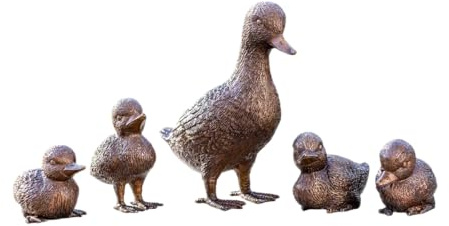 Generisch Bronze-Skulptur Entenfamilie | Ente mit 4 Küken | 16x8x19cm | Tierfigur aus Bronze handgefertigt