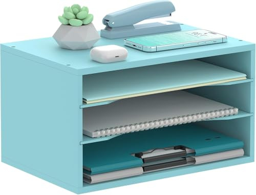 SUPEASY 3-Tier Papier Organizer für Schreibtisch, Holz Desktop Organizer mit justierbarem Brieffach, Mail Sortier für Büro Schule Zuhause, Blau