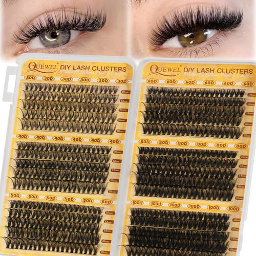 QUEWEL Individual-Eyelashes 580PCS Wispy Cluster lashes | D Curl Individual Lashes Natural Look, Eyelash clusters DIY Lash Extensions for Beginners, Easy to Use at Home (30-100D)