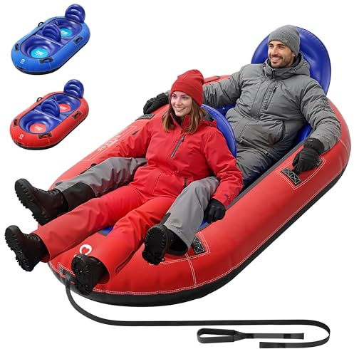 QPAU 2-Person Inflatable Snow Tube with Dual Backrests & Tow Rope, Heavy Duty Canvas-Covered Blow Up Snow Sled with Handles, Fast Inflation Air Valves, Premium Snow Tubes for Kids & Adults (Red)