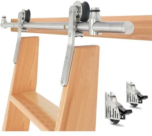 Barn Door Hardware, 9.9 Ft. Stainless Steel Slip Bank Ladder Hardware Kit, Bottom Wheel With Brake, 300 Lb Capacity, Satin Finish (No Ladder)