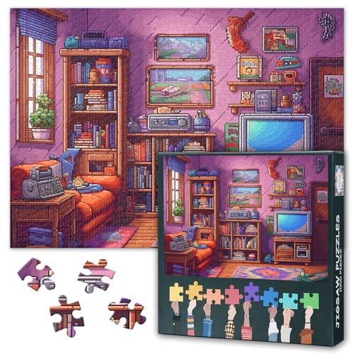 EIN Zimmer Mit TV Bücher Jigsaw Puzzles Für Erwachsene Schwierige Herausforderung Puzzle Kunst Für Erwachsene Haus Wanddekoration 1000 Stück Bit Pixel Art Raum Puzzles Für Familienspiele 50cmx70cm