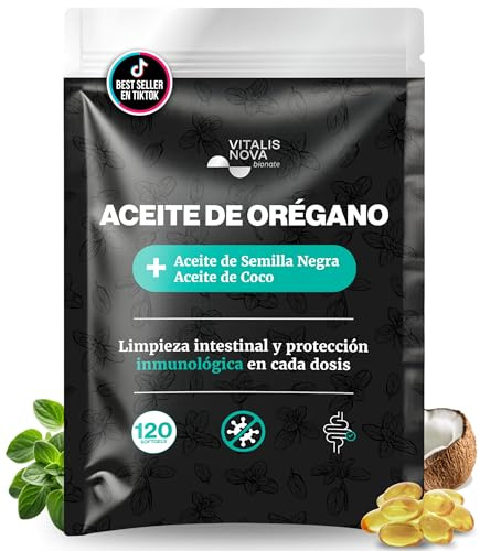 Aceite de Oregano con Semilla Negra y Coco 120 Capsulas Blandas Carvacrol | El Elegido en Rutinas Contra el Candida, Equilibrio Intestinal Cada Día, 3 Aceites en 1 Cápsula, Facil de Tragar