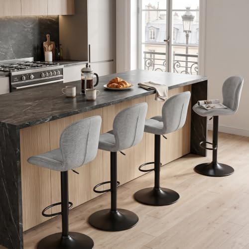 LEWE Barhocker 4er Set, 360° drehbare, Höhenverstellbar, Stofflehne, Grau | Küchenhocker mit atmungsaktiver Stofflehne und metallener Fußstütze, modern skandinavisch für Küche, Bar und Esszimmer