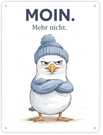 Manfred die Möwe Moin mehr nicht Metallschild XL in 21x28 cm für Küstenfans Lustiges Schild für Küstenliebhaber