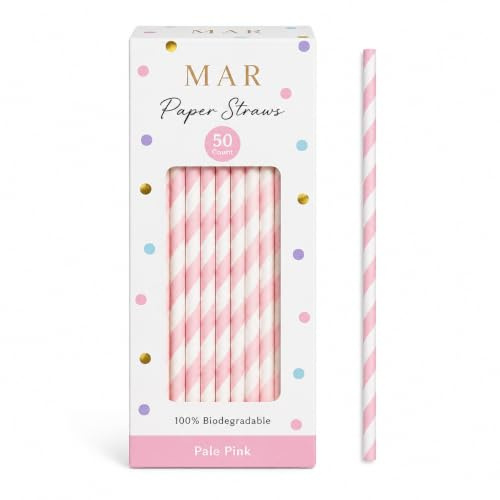 Pastel Colour Paper Straws, Solid Stripes, 50 Pack, for Parties, Garden Parties, Summer BBQs, Birthdays, Baby Showers | 100% Biodegradable (Pale Pink)