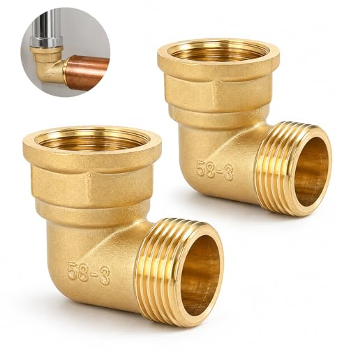 2 Stück Messing Winkel 90°, 1 AG/IG Messing Bogen | Sanitär Anschlussstücke Winkel, DN 25 Rohrwinkel Bogen für Wasserinstallationen und Zentralheizungssysteme