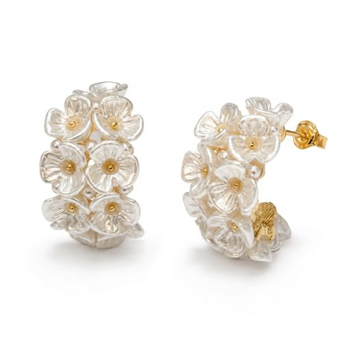 Vergoldete Ohrstecker Damen 925 Sterling Silber Halbe Creolen Weiße Jasmin Blumen, Florale Ohrringe aus Kunstharz, Schmuck Geschenke Mädchen Valentinstag Weihnachten