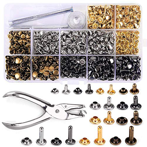 Queta Rivets en Cuir 480 Ensemble 3 Tailles Double Rivet Goujons Tubulaires en Métal avec 3 Pièces Outil de Fixation et Punch Pince pour Artisanat en Cuir DIY Rivets 4 Couleurs